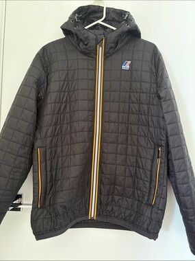 K-Way Men Black Quilted Hooded Jacket with Yellow-Trim Zipper